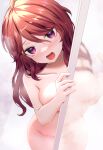  1girl bath bathing blush breasts brown_hair collarbone commentary_request completely_nude hair_between_eyes hair_over_eyes highres large_breasts long_hair looking_at_viewer neit_ni_sei nude open_mouth original purple_eyes solo standing wet 