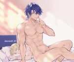  2boys abs after_sex bed blonde_hair blue_eyes blue_hair completely_nude finger_to_mouth gepard_landau green_eyes hair_between_eyes hickey honkai:_star_rail honkai_(series) index_finger_raised looking_at_viewer lying male_focus male_pubic_hair multiple_boys nipples nude on_bed one_eye_closed pectorals pillow pubic_hair sampo_koski scar scratches sitting sleeping sumeshi_(ginshari40) toned toned_male twitter_username yaoi 