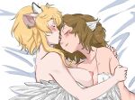  2girls animal_ears bern_(outis) bird_ears blonde_hair breasts brown_hair closed_eyes commentary cow_ears cow_girl cuddling english_commentary feathers grace_(outis) harpy large_breasts long_hair medium_hair monster_girl multiple_girls nipples nude open_mouth original sleeping small_breasts thus0thus white_feathers white_wings winged_arms wings yuri 