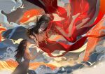  2girls armlet bare_shoulders bird black_hair cai_lin_(doupo_cangqiong) cloud doupo_cangqiong dress dual_persona falling floating from_side highres loliwushi long_hair looking_up mountain multiple_girls pointy_ears red_dress red_nails second-party_source snake white_dress 