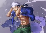  1boy arms_behind_head bandeau belt belt_buckle black_gloves black_hair blue_shirt buckle chinese_clothes fingerless_gloves gloves green_pants grey_background jewelry long_hair miyo_(13th_floor) muscular muscular_male necklace open_clothes open_shirt pants pectorals purple_eyes ren_wu_ying serious shenmue shenmue_ii shirt signature sleeves_rolled_up studded_belt tooth_necklace tying white_bandeau wolf 