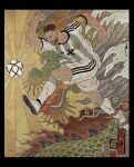  ! 1boy 2022 2022_fifa_world_cup :&lt; argentina aura ball beard blank_eyes brown_hair chien_chih_kang clenched_hand closed_mouth dragon facial_hair fine_art_parody full_body highres jumping kicking lionel_messi looking_to_the_side manly muscular mustache nihonga parody pectorals playing_sports real_life running serious shirt short_hair soccer soccer_ball soccer_uniform solo sportswear striped striped_shirt style_parody ukiyo-e upper_body vertical-striped_shirt vertical_stripes water waves world_cup 