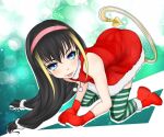  1girl all_fours bare_shoulders black_hair blue_eyes boots christmas commentary_request demon_tail dress fur-trimmed_boots fur-trimmed_dress fur_trim gloves green_background green_thighhighs hair_between_eyes hairband lessar light_blush long_hair looking_at_viewer mechanical_tail multicolored_hair pink_hairband red_dress red_footwear red_gloves santa_dress shin_(highest1192) sidelocks smile snowflake_background solo sozaiyamimi striped striped_thighhighs tail thighhighs toaru_majutsu_no_index toaru_majutsu_no_index:_old_testament tongue tongue_out 