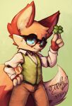  anthro blue_eyes bottomwear canid canine clothed clothing clover dress_shirt eyewear fox freckles gingy_(gingy_k_fox) gingy_k_fox glasses hi_res male mammal pants shamrock shirt solo topwear vest 