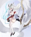  1girl absurdres azur_lane bare_shoulders blush breasts cleavage detached_sleeves dragon_girl dragon_horns dragon_tail full_body highres hip_focus horns japanese_clothes long_hair looking_at_viewer lump_saury no_bra panties red_eyes red_ribbon ribbon ribbon-trimmed_thighhighs rigging shimanto_(azur_lane) sideboob skindentation solo tail thighhighs thighs underwear upskirt very_long_hair white_hair white_panties 