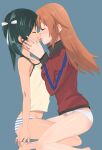  2girls blue_background blush breasts charlotte_e._yeager closed_eyes francesca_lucchini from_side green_hair hair_ribbon highres holding_another&#039;s_head kiss large_breasts long_hair multiple_girls orange_hair panties remoso ribbon saliva simple_background small_breasts striped striped_panties tongue tongue_out track_suit twintails underwear white_panties world_witches_series yuri 