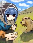  1girl animal beanie blue_hair blue_sky bubbacterial closed_mouth cloud day eating food grass hair_between_eyes hat highres holding holding_food long_sleeves lying on_stomach outdoors pom_pom_(clothes) red_eyes shima_rin sky sweat yurucamp 