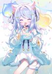  1girl :d ^_^ animal_ear_fluff animal_ears aqua_hair bell black_choker blue_cardigan cake cardigan cat_ears cat_girl cat_tail choker closed_eyes d_omm dress facing_viewer food fork frilled_dress frills grey_hair hair_bell hair_ornament highres indie_virtual_youtuber long_hair long_sleeves multicolored_hair nekono_shiyu off_shoulder open_cardigan open_clothes open_mouth plate second-party_source sitting sleeveless sleeveless_dress smile streaked_hair tail two_side_up virtual_youtuber white_dress white_hair 