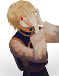  1boy asuhayaiba blonde_hair chain commentary_request glaring hands_on_own_face highres hunter_x_hunter kurapika long_sleeves looking_at_viewer male_focus one_eye_covered red_eyes short_hair simple_background 