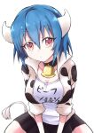  1girl absurdres animal_print bell black_skirt blue_hair blush breasts brown_eyes cleavage closed_mouth cow_girl cow_horns cow_print cow_tail cowbell highres horns jacket jashin-chan_dropkick large_breasts looking_at_viewer minos_(jashin-chan_dropkick) neck_bell print_jacket shirt short_hair simple_background skirt solo tail track_jacket white_background white_shirt yuuki_shushu 