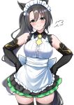  alternate_costume animal_ears apron black_hair blush breasts closed_mouth detached_sleeves enmaided green_eyes hair_between_eyes hair_ornament herohero_(higashi_no_dou) highres horse_ears horse_tail looking_at_viewer maid maid_headdress medium_breasts satono_crown_(umamusume) side_ponytail simple_background smile smug tail umamusume white_background 