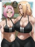  2girls ^_^ absurdres anger_vein bare_arms bare_shoulders black_pants blonde_hair blush breasts cleavage closed_eyes collarbone commentary cowboy_shot crop_top echo_saber english_commentary facial_mark forehead_mark green_eyes grin haruno_sakura highres large_breasts leggings looking_at_viewer medium_support_(meme) meme midriff multiple_girls nail_polish naruto_(series) naruto_shippuuden navel pants pink_hair pink_lips purple_nails short_hair smile speech_bubble standing stomach tsunade_(naruto) 