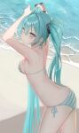  1girl adjusting_hair aqua_bikini aqua_eyes aqua_hair arms_up beach bikini cowboy_shot from_side hands_up hatsune_miku highres kawasuru_(15miclon) long_hair looking_at_viewer ocean outdoors parted_lips side-tie_bikini_bottom striped striped_bikini swimsuit twintails very_long_hair vocaloid white_bikini 