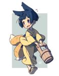  1girl animal_ears black_hair bob_cut border bucket extra_ears fox_ears fox_girl fox_tail full_body grey_background holding japanese_clothes kimono kukuri_(mawaru) mawaru_(mawaru) multiple_tails obi open_mouth original purple_eyes sash short_hair solo tail toes white_border wooden_bucket yellow_kimono zouri 