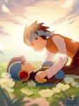  2boys absurdres blue_headband blue_headwear bodysuit boy_on_top brown_eyes brown_hair closed_mouth cloud commentary_request day eye_contact flower grass green_eyes hand_on_another&#039;s_shoulder hand_on_own_chest headband helmet highres lan_hikari_(mega_man) long_sleeves looking_at_another lying male_focus mega_man_(series) mega_man_battle_network_(series) megaman.exe multiple_boys on_back on_grass orange_vest outdoors profile shirt short_hair signature sky smile spiked_hair tok_nuts upper_body vest white_flower white_shirt yaoi 