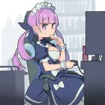  1girl aqua_hair blunt_bangs bow breasts chair chips_(food) cleavage colored_inner_hair controller dress eating food game_controller hair_ribbon holding hololive long_hair looking_at_viewer maid_headdress medium_breasts minato_aqua multicolored_hair potato_chips puffy_short_sleeves puffy_sleeves purple_eyes purple_hair ribbon shimazaki1152 short_sleeves sitting solo twintails virtual_youtuber 