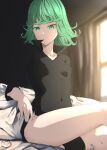  1girl bed_sheet black_dress blurry blurry_background breasts closed_mouth collarbone covered_navel covered_nipples crossed_legs curtains dress english_commentary green_eyes green_hair highres keihh one-punch_man short_dress short_hair side_slit sitting small_breasts tatsumaki taut_clothes taut_dress thighs window 