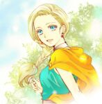  1girl belt bianca_(dq5) blonde_hair blue_eyes blue_sky blurry blurry_background braid breasts cape cloud cloudy_sky commentary_request day dragon_quest dragon_quest_v dress earrings eyelashes floating_hair from_side green_dress hair_behind_ear jewelry long_hair looking_at_viewer looking_back looking_to_the_side medium_breasts neck_ring open_mouth orange_cape outdoors single_braid sky sleeveless sleeveless_dress solo sunlight swept_bangs tree upper_body usachu_now 