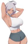  1girl absurdres armpits arms_up blue_eyes blue_shorts breasts commentary cowboy_shot dark_skin grey_hair gundam gundam_suisei_no_majo highres huge_breasts looking_at_viewer midriff open_mouth secelia_dote shirt short_hair short_shorts shorts sideboob simple_background sleeveless sleeveless_shirt solo symbol-only_commentary thighhighs thighs toned white_background white_shirt white_thighhighs xperiajoker 