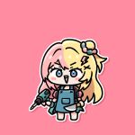  apron blonde_hair chibi hair_bun hair_ornament hair_scrunchie hand_drill holding holding_knife knife kotoka_torahime lightning_bolt_hair_ornament lightning_bolt_symbol multicolored_hair nijisanji nijisanji_en open_mouth pink_hair pongari scrunchie simple_background solo split-color_hair two-tone_hair virtual_youtuber x_hair_ornament 