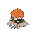  1boy black_pants blush_stickers bored box broccoli cardboard_box chibi food highres holding holding_food ikoma_squad&#039;s_uniform in_box in_container jacket korean_commentary korean_text long_sleeves looking_ahead male_focus mizukami_satoshi_(world_trigger) orange_hair pants pie_wt price_tag short_hair simple_background sitting solo white_background world_trigger 