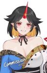  1girl alcohol aroevela artist_name bare_shoulders black_choker black_hair black_wings breasts choker cleavage commission cup english_commentary english_text feathered_wings fusion horns hoshiguma_yuugi large_breasts leaf_print looking_at_viewer multicolored_clothes off_shoulder oni_horns pointy_ears red_eyes red_horns ribbon_choker sakazuki sake shameimaru_aya short_hair single_horn smile solo star_(symbol) tengu touhou upper_body wide_sleeves wings 