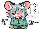  1girl animal_ears bandaged_head bandages black_jacket blush capelet dot_nose dot_pupils green_capelet grey_hair grey_shirt jacket kasuya_baian long_sleeves looking_at_viewer mouse_ears mouse_girl mouse_tail nazrin red_eyes shirt short_hair simple_background solo striped_capelet tail tears touhou translation_request upper_body white_background 