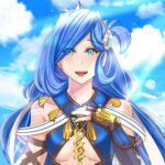  1girl artist_name azumishard blue_hair cloud crown dana_(ys) elbow_gloves gloves highres light_rays long_hair looking_at_viewer outdoors portrait sky smile solo swept_bangs ys ys_viii_lacrimosa_of_dana 