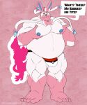  anthro beard belly biceps blue_nipples bow_ribbon clothing dialogue dropkickbearcat eeveelution english_text eyebrows facial_hair fur generation_6_pokemon hair hairy hi_res holding_moob male moob_grab moobs nintendo nipples overweight overweight_male pink_body pink_hair pokemon pokemon_(species) solo speech_bubble sylveon text underwear white_body white_fur 