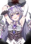  1girl arms_up blood blood_splatter bracelet chest_jewel detached_collar detached_sleeves dress grey_hair highres holding_rock hololive hololive_english implied_murder jewelry koseki_bijou long_hair pov purple_eyes rock single_detached_sleeve strapless strapless_dress valefal_coneri virtual_youtuber 