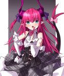  1girl asymmetrical_horns bare_shoulders black_corset blue_eyes blush bow corset detached_sleeves dragon_girl dragon_horns dragon_tail elizabeth_bathory_(fate) elizabeth_bathory_(fate/extra_ccc) elizabeth_bathory_(second_ascension)_(fate) fangs fate/extra fate/extra_ccc fate/grand_order fate_(series) finger_to_mouth grey_skirt halterneck highres horns idol_clothes long_hair looking_at_viewer open_mouth pink_bow pink_hair plaid plaid_skirt pointy_ears simple_background skirt solo tail tail_bow tail_ornament takanashi_kei_(hitsujikan) uneven_horns white_sleeves 