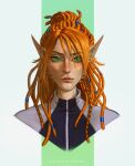  bust_portrait clothed clothing dreadlocks female front_view glistening glistening_eyes green_eyes hair hi_res humanoid humanoid_pointy_ears long_hair looking_at_viewer marie_merkh orange_hair portrait simple_background solo tan_body tan_skin 