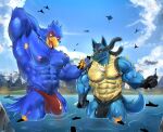  2023 absurd_res aircraft airplane anthro avian big_bulge bird blue_body blue_fur bulge canid canine city clothing destruction detailed_bulge duo falco_lombardi fur generation_4_pokemon genitals green_eyes hi_res jet lucario macro male male/male mammal muscular muscular_male nintendo pecs pokemon pokemon_(species) red_eyes sea ship speedo spikes spikes_(anatomy) star_fox swimwear vehicle water watercraft zupat 