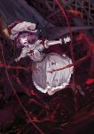  1girl absurdres dark_background dress english_commentary fangs frilled_dress frilled_sleeves frills full_body hat highres mixed-language_commentary mob_cap outstretched_arms puffy_short_sleeves puffy_sleeves purple_hair red_background red_eyes remilia_scarlet short_sleeves sinzan solo teeth touhou wrist_cuffs 