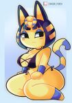  3_fingers 3_toes animal_crossing ankha_(animal_crossing) anthro areola big_breasts bikini bikini_bottom bikini_top black_bikini black_bikini_bottom black_bikini_top black_clothing black_swimwear blue_eyeshadow blue_hair breasts butt cleavage clothed clothing digital_media_(artwork) domestic_cat egyptian eyeshadow feet felid feline felis female fingers frown fur hair hand_on_leg hand_on_thigh hi_res looking_back makeup mammal nintendo onigiri_punch patreon patreon_logo side-tie_bikini side-tie_clothing side-tie_swimwear simple_background solo string_bikini swimwear tail thick_thighs toes topwear yellow_body 