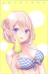  1girl absurdres bare_shoulders bikini blue_bikini blue_eyes breasts food front-tie_bikini_top front-tie_top hair_between_eyes hand_up highres holding holding_food holding_popsicle kakkou_no_iinazuke looking_at_viewer medium_hair navel official_art one_side_up popsicle simple_background solo swimsuit tongue tongue_out umino_sachi underboob upper_body white_bikini yellow_background yoshikawa_miki 