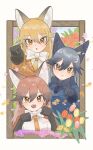  3girls :&lt; animal_ears black_bow black_bowtie black_fur black_gloves black_necktie blue_jacket bow bowtie brown_fur brown_gloves elbow_gloves extra_ears ezo_red_fox_(kemono_friends) flower fox_ears fox_girl fur_trim gloves grey_hair hair_between_eyes highres jacket kemono_friends long_hair long_sleeves multicolored_hair multiple_girls necktie open_mouth orange_eyes orange_hair orange_jacket orange_necktie orange_shirt paw_pose red_fox_(kemono_friends) red_hair shimazoenohibi shirt short_sleeves sidelocks silver_fox_(kemono_friends) smile two-tone_shirt white_bow white_bowtie white_shirt 