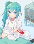  1girl :&gt; alternate_hairstyle aqua_eyes aqua_hair black_thighhighs cloud collarbone controller couch drawstring dual_wielding hachune_miku handheld_game_console hatsune_miku highres holding holding_controller hood hoodie kagamine_rin kneeling leaning_forward leaning_on_object long_hair looking_at_viewer miku_day motion_lines nintendo_switch scanlines side_ponytail smile solo television thighhighs translated twitter_username very_long_hair video_game vocaloid white_hoodie yasuno-labo 