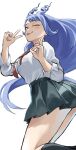  1girl ;p absurdres black_socks blue_eyes blue_hair boku_no_hero_academia double_v drill_hair fengling_(furin-jp) green_skirt hadou_nejire hair_horns highres long_hair necktie one_eye_closed pleated_skirt red_necktie school_uniform shirt simple_background skirt socks solo tongue tongue_out twin_drills u.a._school_uniform unfinished v white_background white_shirt 