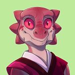  2021 aesthyr anthro clothing eyebrows female green_background headshot_portrait hi_res kobold looking_at_viewer pink_body pink_eyes pink_scales pink_sclera portrait scales scalie serval_(artist) simple_background smile snout solo topwear vest 