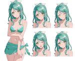  1girl aqua_bikini aqua_hair aqua_sarong bang_dream! bikini blush bow breasts closed_eyes collarbone cowboy_shot embarrassed fries_vanquisher green_eyes hair_bow hand_on_own_thigh highres hikawa_sayo holding_own_arm looking_at_viewer multiple_views navel one_eye_closed parted_lips ponytail sarong shadow small_breasts smile stomach swimsuit 