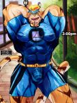  2023 abs absurd_res anthro barazoku beard belt big_pecs blonde_hair blue_clothing bulge chastity_cage chastity_device clothed clothing colored day digital_media_(artwork) eyes_closed facial_hair felid front_view fully_clothed fur genitals hair hands_behind_head hi_res male mammal mask muscular muscular_male nipples orange_body orange_fur pantherine park pecs penis public signature smile solo spandex standing stripes super-nova tail thick_thighs tiger tight_clothing translucent translucent_clothing vince_(super-nova) white_body white_fur xviizentrix 