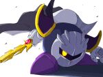  1boy armor galaxia_(sword) gloves highres holding holding_sword holding_weapon kirby_(series) looking_at_viewer male_focus mask meta_knight no_humans omanju pauldrons shoulder_armor simple_background solo sword weapon white_background yellow_eyes 