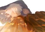  1boy blanket closed_eyes from_above fumetsu_no_anata_e fushi grey_shirt hand_up highres long_sleeves lying male_focus on_side pillow ponytail profile rope shirt simple_background sleeping solo under_covers upper_body white_background white_hair yanwuyouzaizuoshenme 