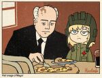  1boy 1girl bald black_eyes black_jacket black_necktie blonde_hair blue_eyes collared_shirt commentary cup drinking_glass english_commentary food formal frown girls_und_panzer hirotonfa indoors jacket katyusha_(girls_und_panzer) mikhail_gorbachev necktie parody pizza pizza_slice plate pravda_military_uniform real_life shirt suit tank_helmet white_hair 