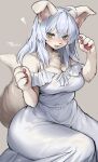  1girl absurdres animal_ears animal_hands animal_nose blue_hair breasts dress fangs furry furry_female green_eyes hair_between_eyes highres large_breasts looking_at_viewer medium_hair open_mouth original sitting snout solo suurin_(ksyaro) tail white_dress 