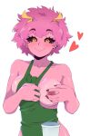  1girl absurdres apron ashido_mina bare_shoulders barista black_sclera blush boku_no_hero_academia breasts clothes_pull collarbone colored_sclera colored_skin dashi ear_piercing green_apron highres horns iced_latte_with_breast_milk_(meme) large_breasts looking_at_viewer meme messy_hair naked_apron nipples no_bra one_breast_out piercing pink_hair pink_skin purple_skin short_hair smile solo spiked_hair yellow_eyes yellow_horns 