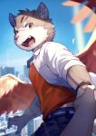  1boy ambiguous_gender belt black_pants cat_boy english_commentary feathers flying furry furry_male furry_with_non-furry highres holding_hands interspecies looking_at_viewer open_mouth pants ponzu_tas pov red_eyes red_feathers red_shirt shirt sitri_(housamo) tokyo_afterschool_summoners wings 
