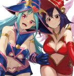  2girls apple_magician_girl aqua_hair bare_shoulders blue_headwear breasts brown_eyes chocolate_magician_girl cleavage cleavage_cutout clothing_cutout dress duel_monster elbow_gloves gloves highres large_breasts miniskirt multiple_girls navel_cutout open_mouth pointy_ears purple_hair red_eyes red_headwear skirt underboob_cutout winged_hat yappen yu-gi-oh! 
