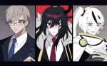  1girl 2boys black_hair black_jacket blue_eyes blue_necktie brooch collared_shirt column_lineup cosmichorror dragon_horns e.g.o_(project_moon) glasses gold_trim green_eyes hair_bun highres horns jacket jewelry letterboxed library_of_ruina long_hair multicolored_hair multiple_boys necktie philip_(library_of_ruina) project_moon red_eyes red_necktie scales shirt side_ponytail sidelocks streaked_hair very_long_hair white_hair white_shirt wing_collar xiao_(library_of_ruina) yan_vismok 